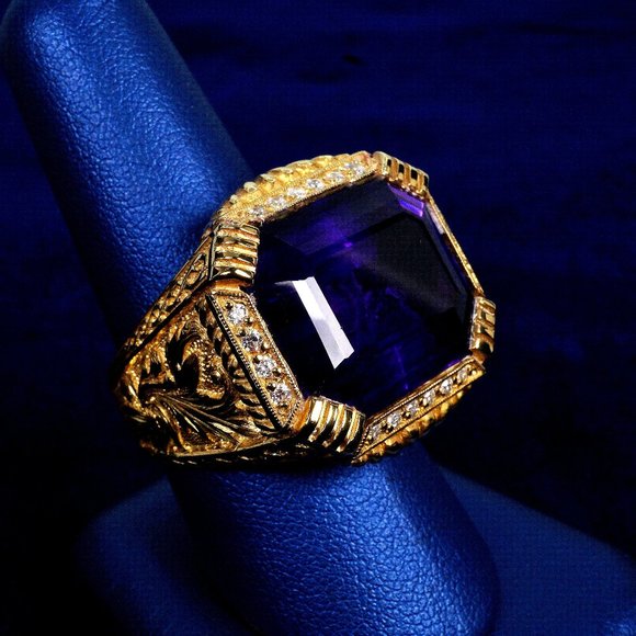 Gold-Diamond Bishop Ring, Oversized amethyst ring, Rectangular  amethyst ring - Picture 7 of 10